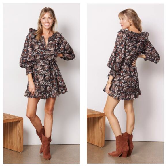 Cleobella Carolyn Split-Neck Paisley Ruffle Mini Dress Small Ruffle Long Sleeve - Picture 1 of 13